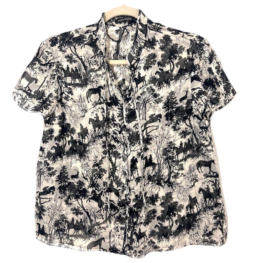 Anne Klein Silk Blouse Size S Tie Front Short Sleeve‎ Forest Fairy Equestrian
